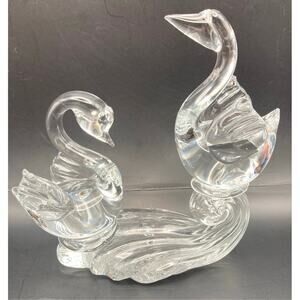 VTG Art Glass Napkin Holder - Paperweight Decorative - Two Swans Riding A Wave